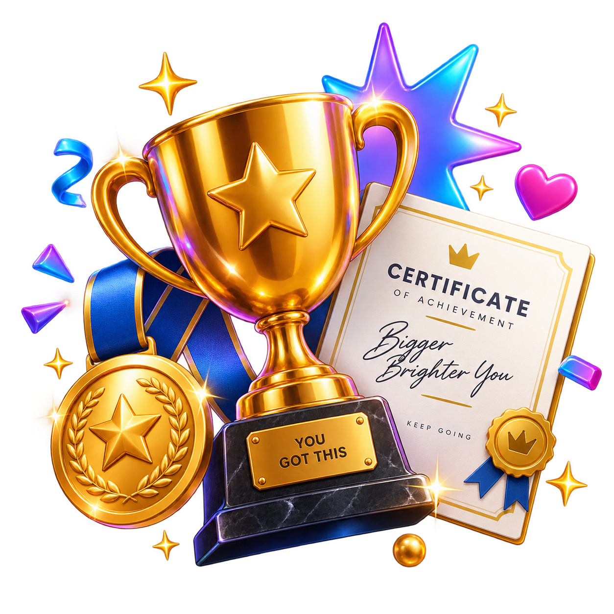 Trophy medal and achievement certificate